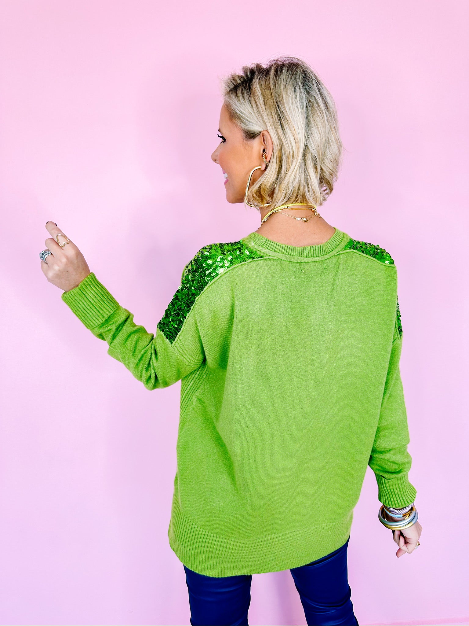 SPARKLE ALWAYS SEQUIN SHOULDER SWEATER - GREEN