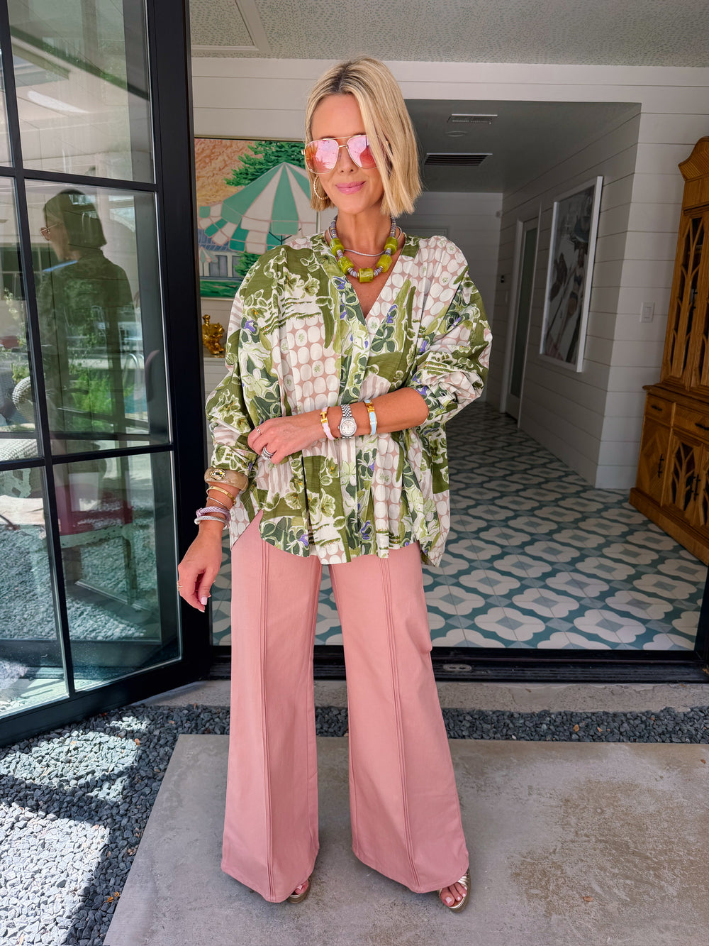 CHANGE OF SCENERY FLORAL DOT LONG SLEEVE TOP - GREEN/PINK