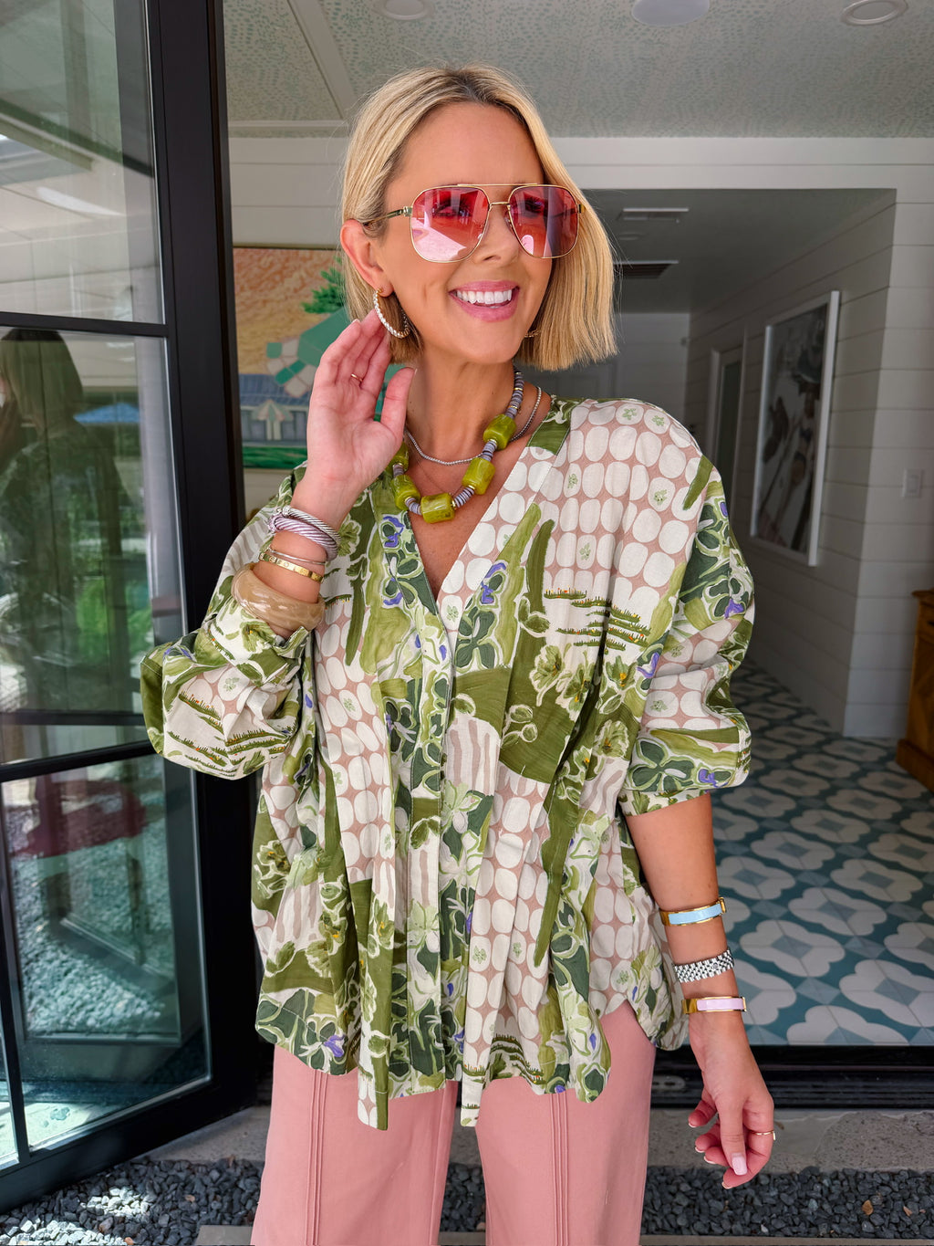 CHANGE OF SCENERY FLORAL DOT LONG SLEEVE TOP - GREEN/PINK