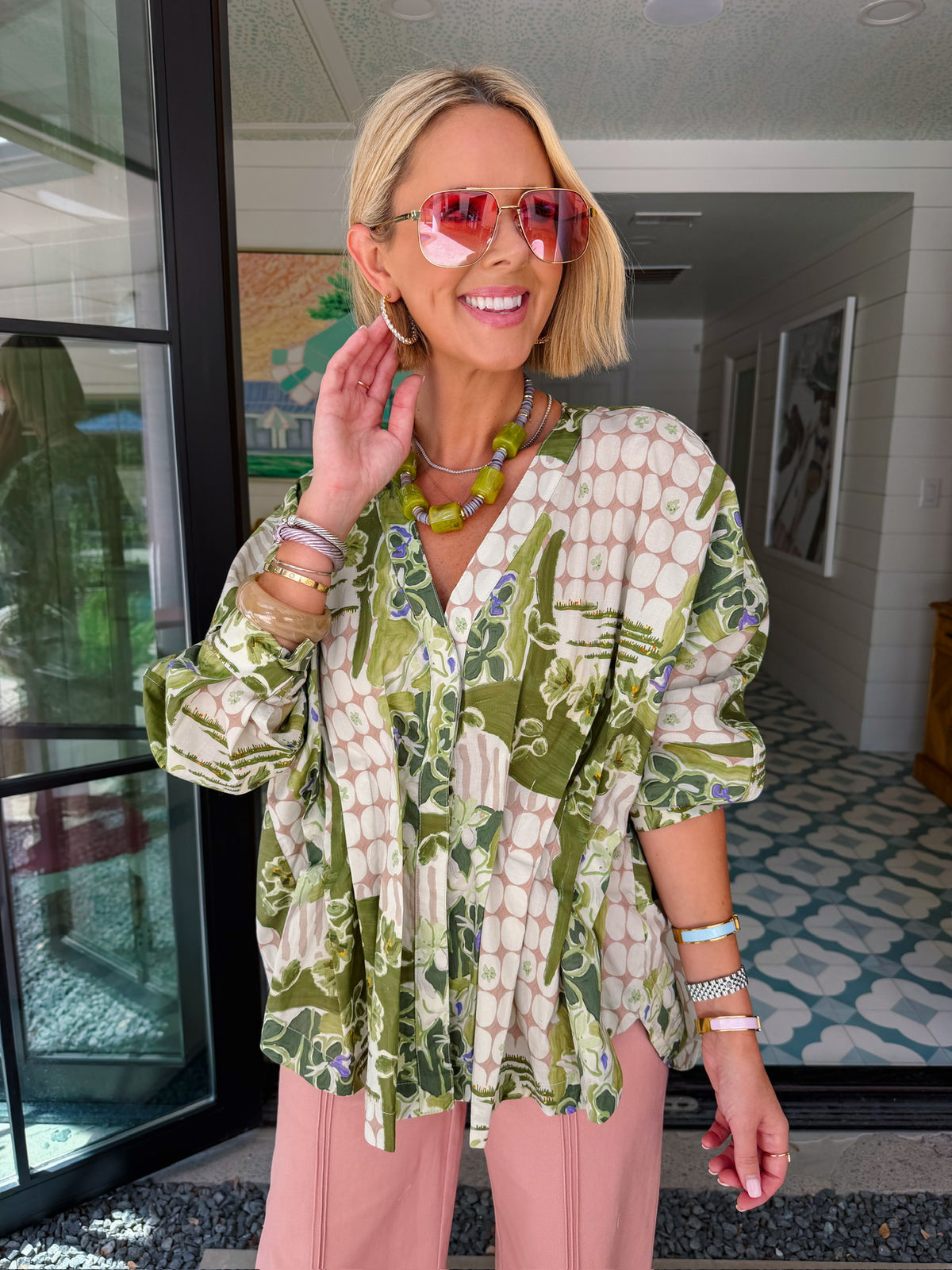 CHANGE OF SCENERY FLORAL DOT LONG SLEEVE TOP - GREEN/PINK
