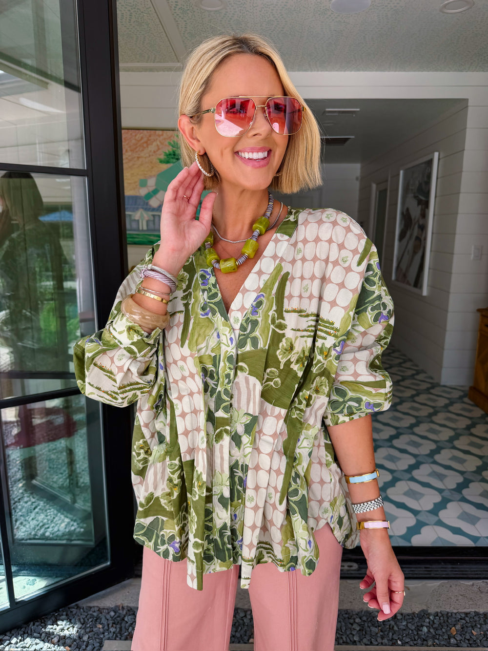 CHANGE OF SCENERY FLORAL DOT LONG SLEEVE TOP - GREEN/PINK