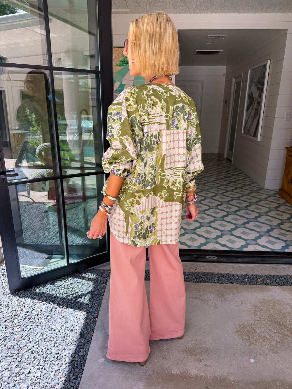CHANGE OF SCENERY FLORAL DOT LONG SLEEVE TOP - GREEN/PINK