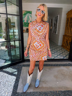 BEAUTIFUL KEEPSAKE FLORAL DRESS - LIGHT BLUE/BURNT ORANGE