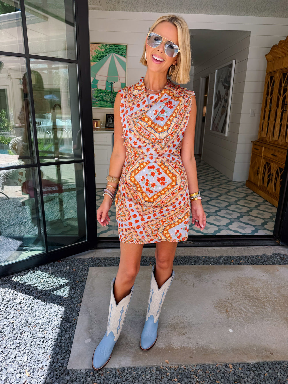 BEAUTIFUL KEEPSAKE FLORAL DRESS - LIGHT BLUE/BURNT ORANGE