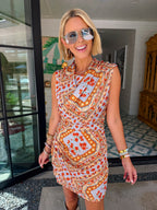 BEAUTIFUL KEEPSAKE FLORAL DRESS - LIGHT BLUE/BURNT ORANGE