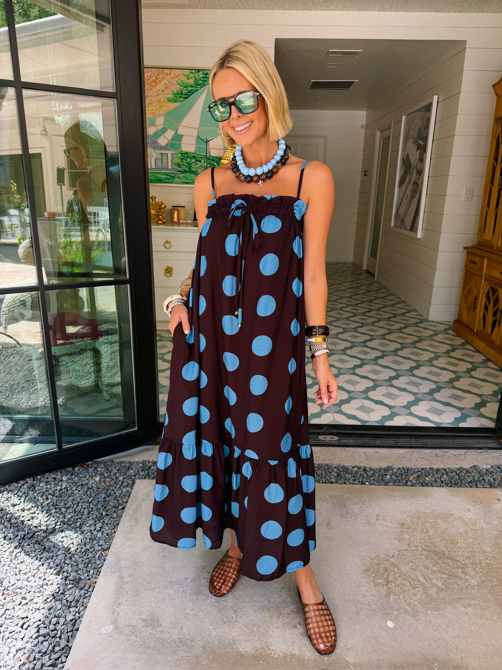 A LOVELY THOUGHT POLKA DOT MIDI DRESS - BROWN/BLUE