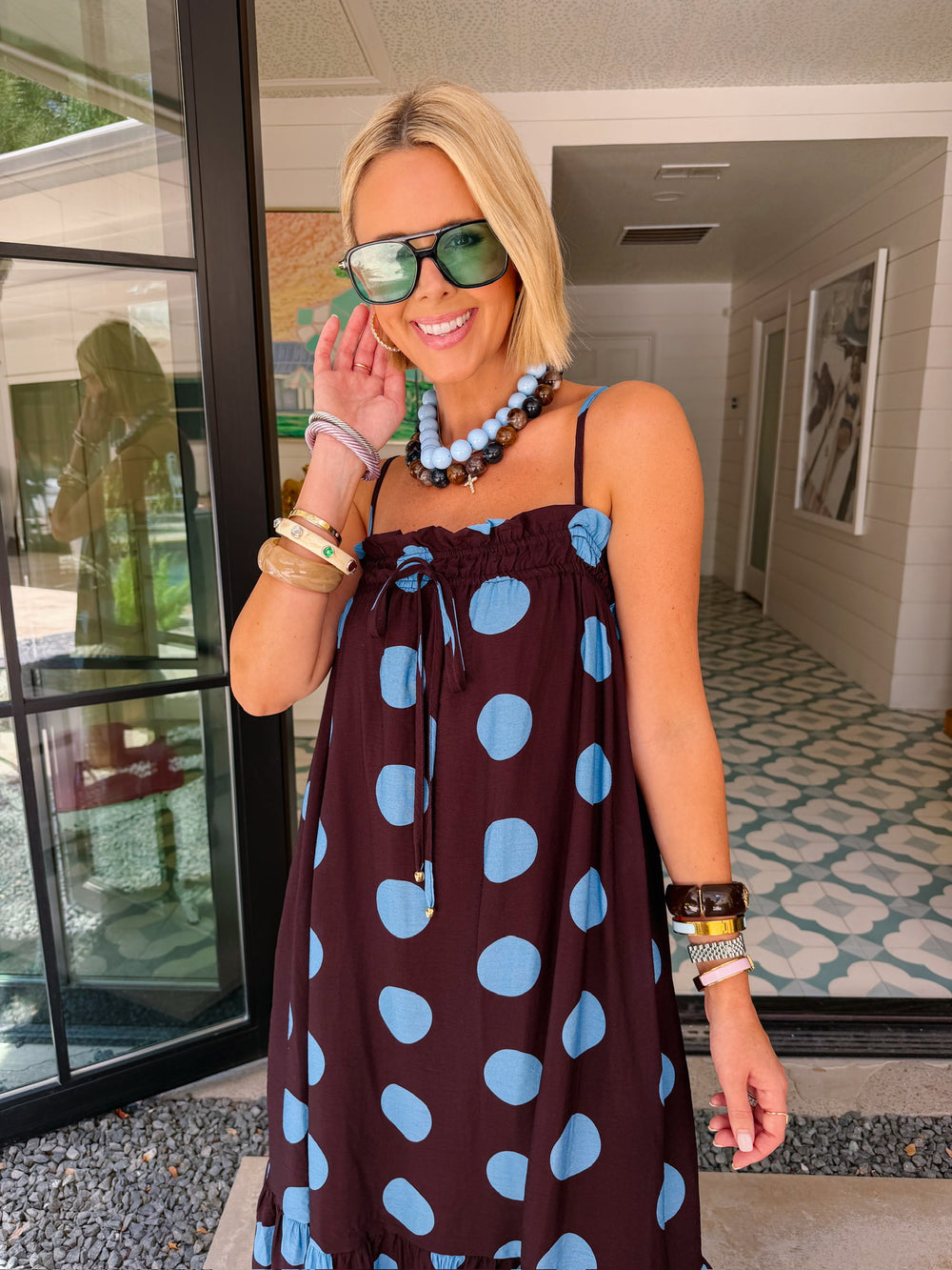 A LOVELY THOUGHT POLKA DOT MIDI DRESS - BROWN/BLUE