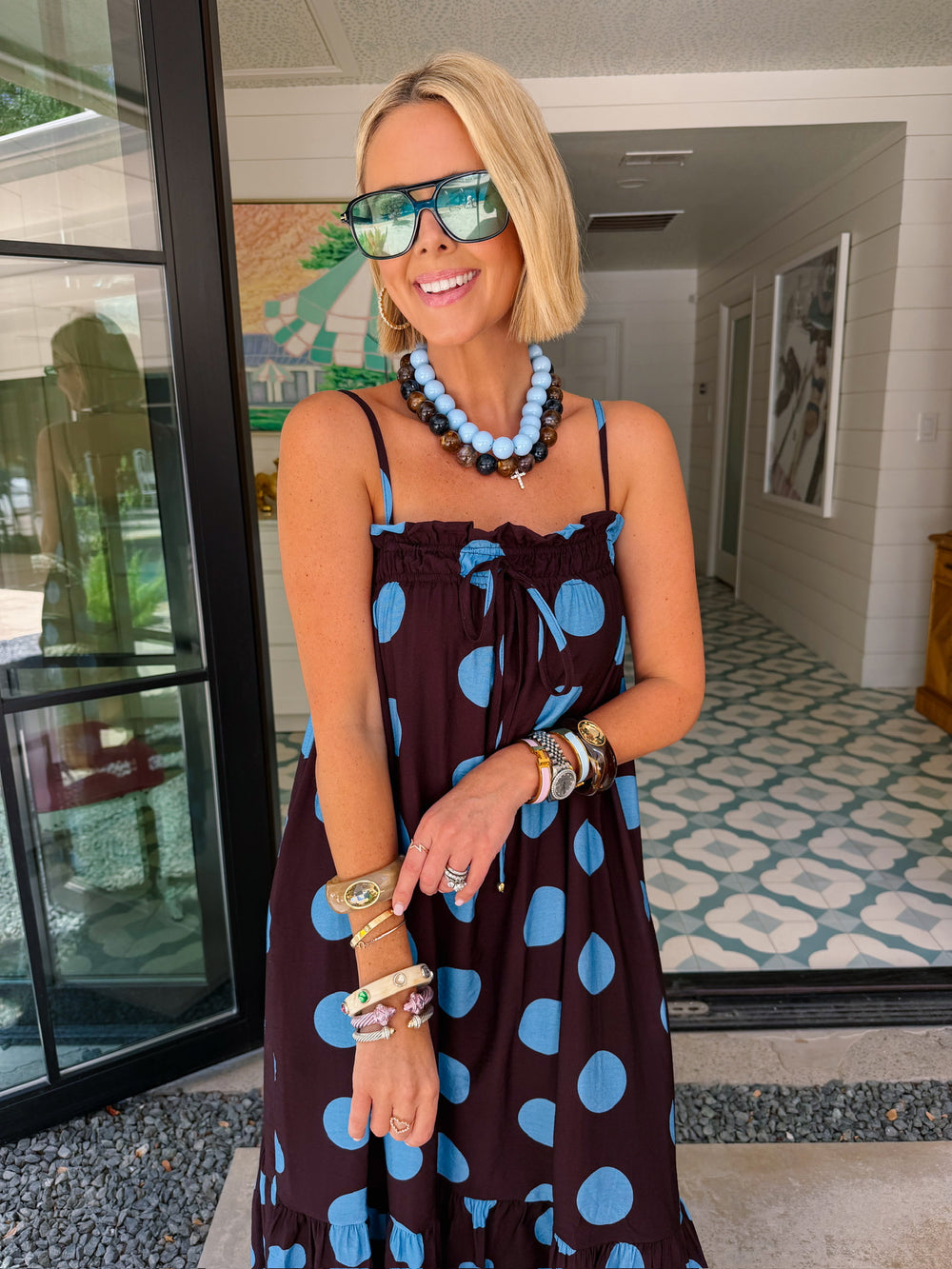 A LOVELY THOUGHT POLKA DOT MIDI DRESS - BROWN/BLUE