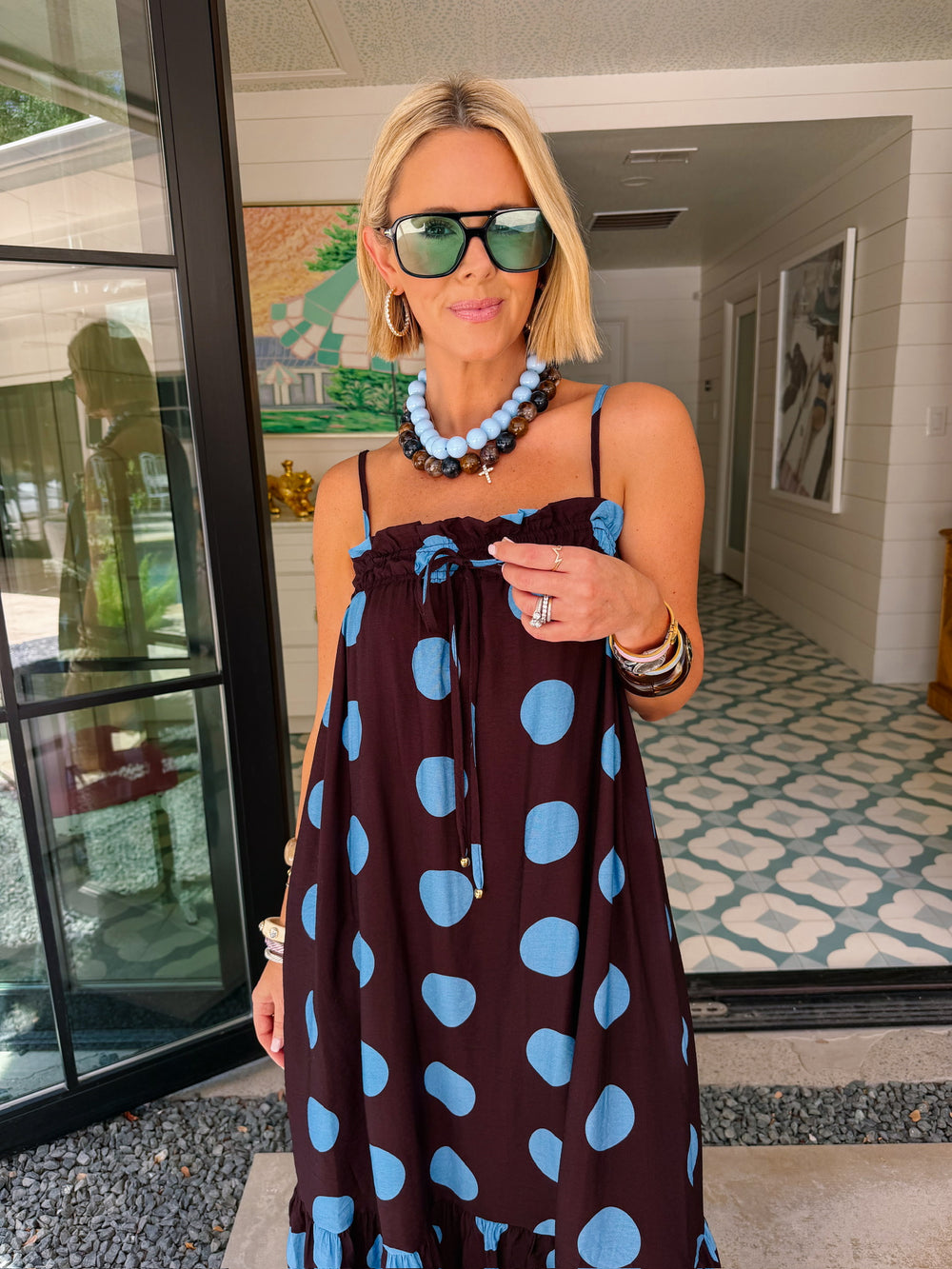 A LOVELY THOUGHT POLKA DOT MIDI DRESS - BROWN/BLUE