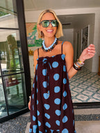 A LOVELY THOUGHT POLKA DOT MIDI DRESS - BROWN/BLUE