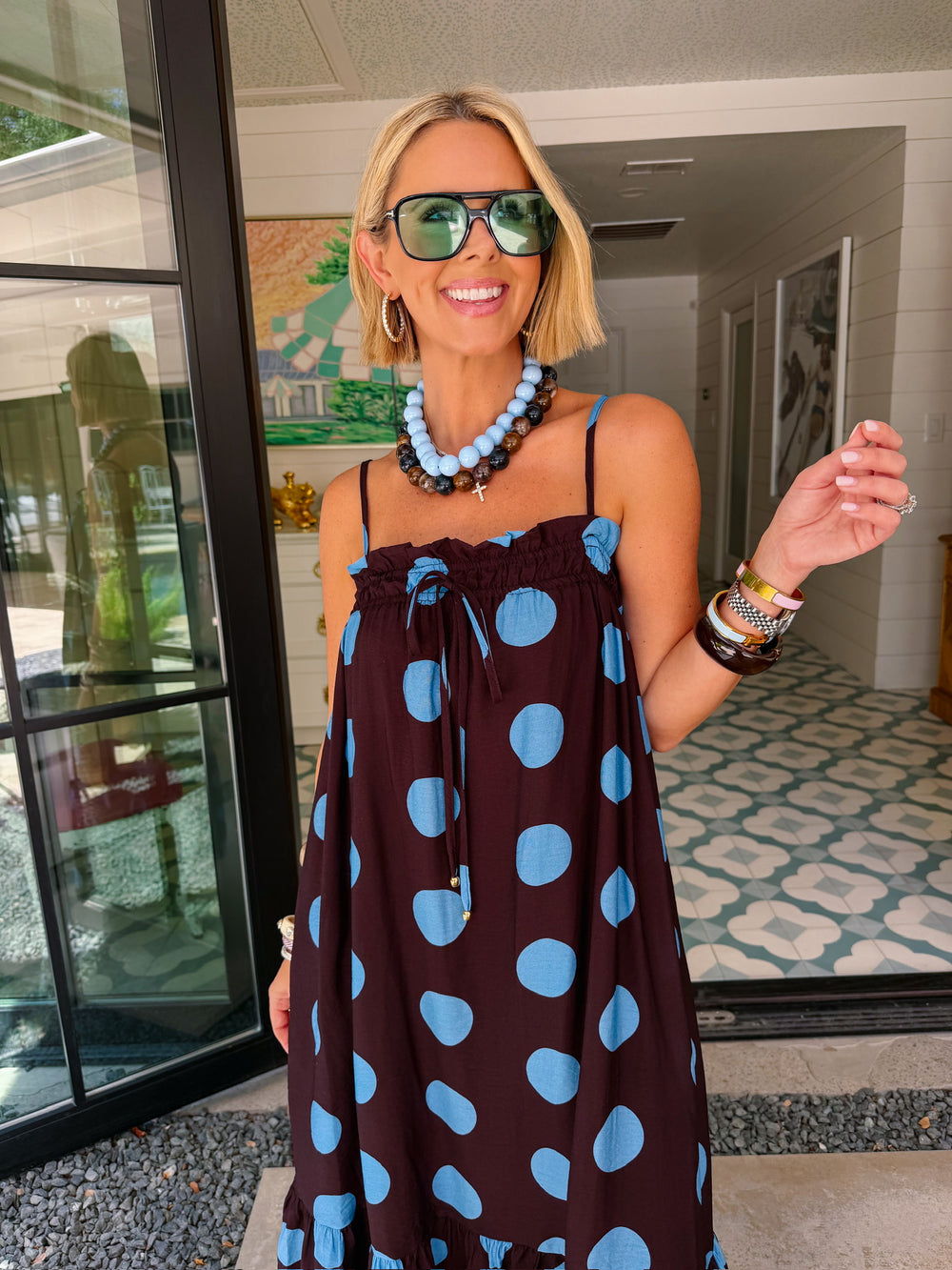 A LOVELY THOUGHT POLKA DOT MIDI DRESS - BROWN/BLUE