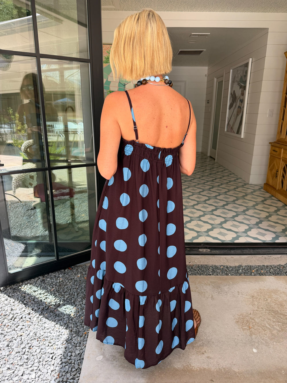 A LOVELY THOUGHT POLKA DOT MIDI DRESS - BROWN/BLUE