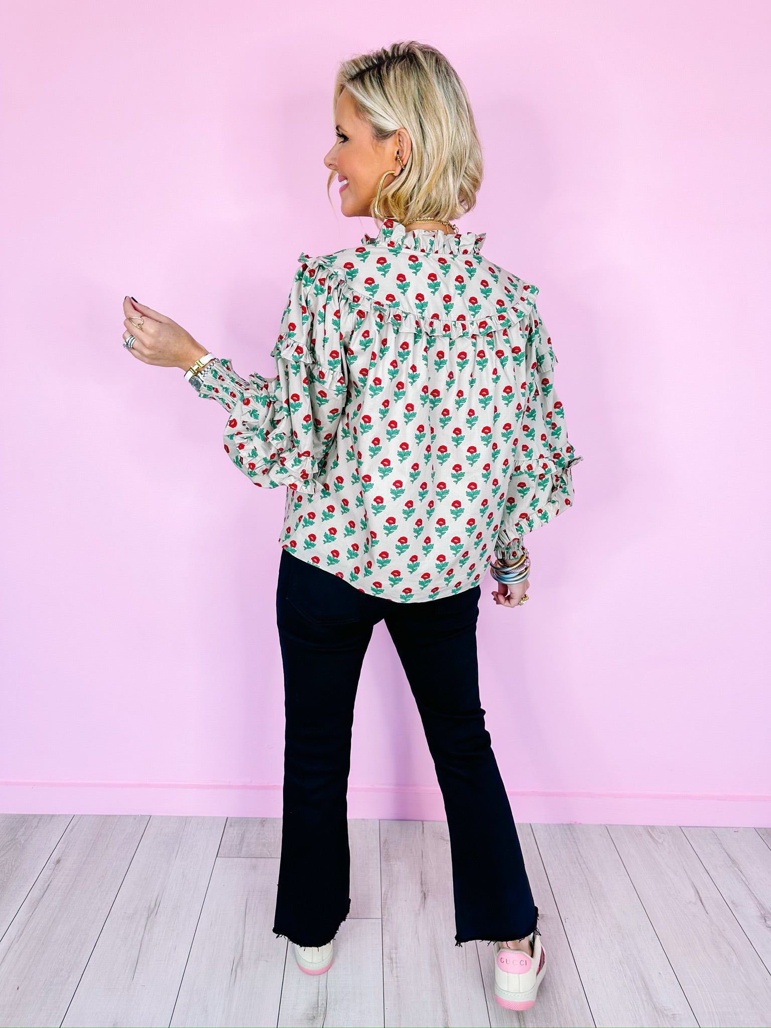 FLORAL WHISPERS LONGSLEEVE RUFFLE TOP - EGGSHELL