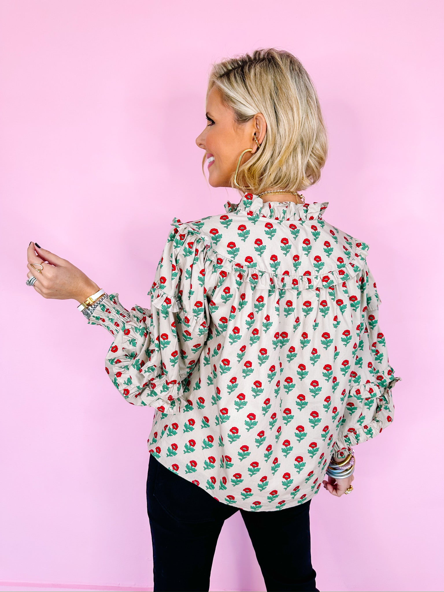 FLORAL WHISPERS LONGSLEEVE RUFFLE TOP - EGGSHELL