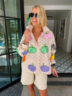 POLKADOT PUMPKIN BUTTON UP TOP - BEIGE/WHITE