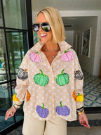 POLKADOT PUMPKIN BUTTON UP TOP - BEIGE/WHITE