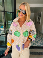 POLKADOT PUMPKIN BUTTON UP TOP - BEIGE/WHITE
