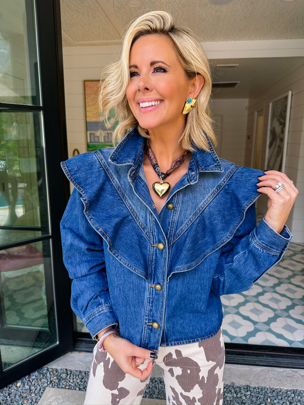 CARRIE ANN RUFFLE DENIM TOP