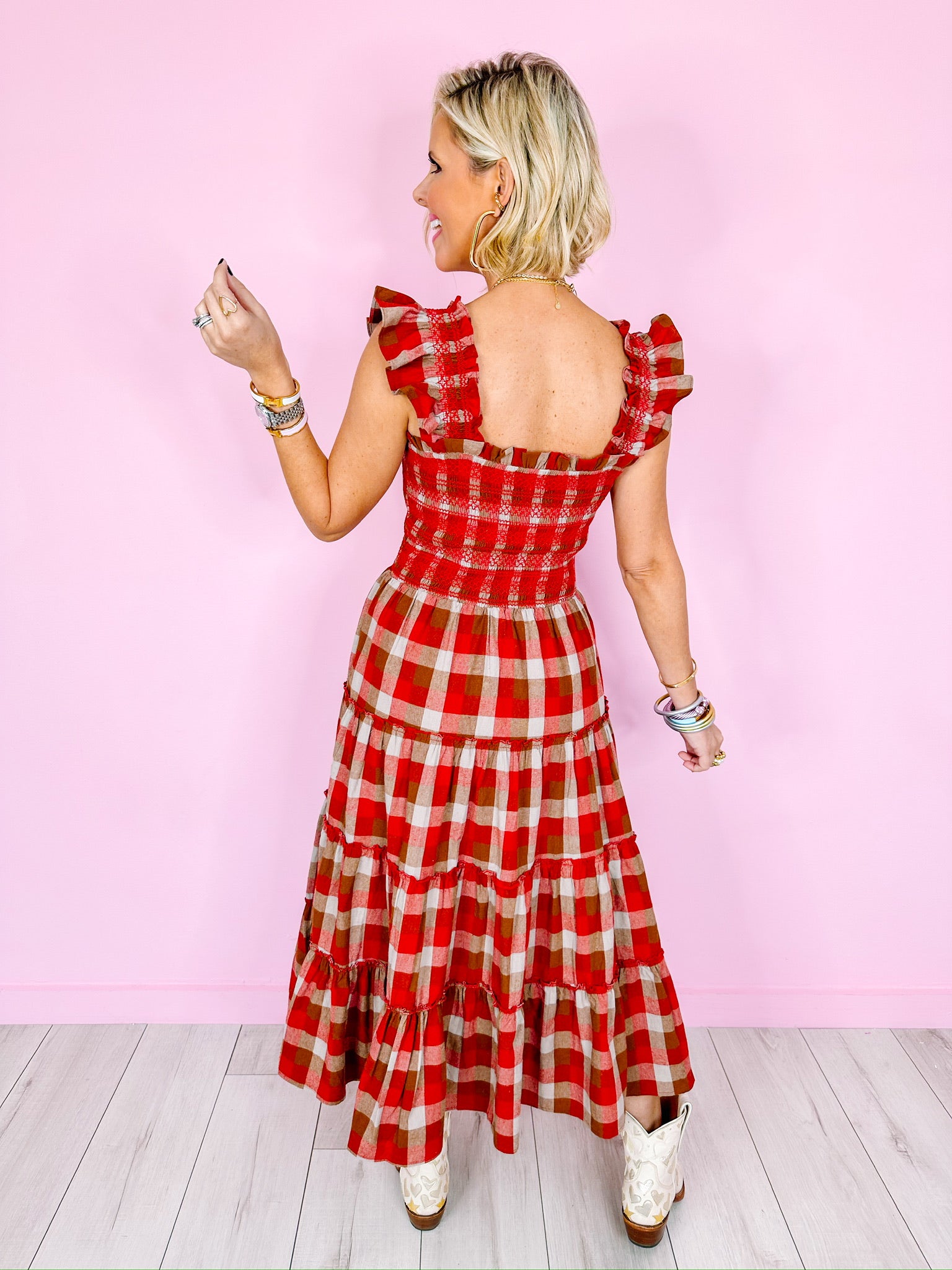 LOOKIN' FAB PLAID SMOCKED MIDI DRESS - RED