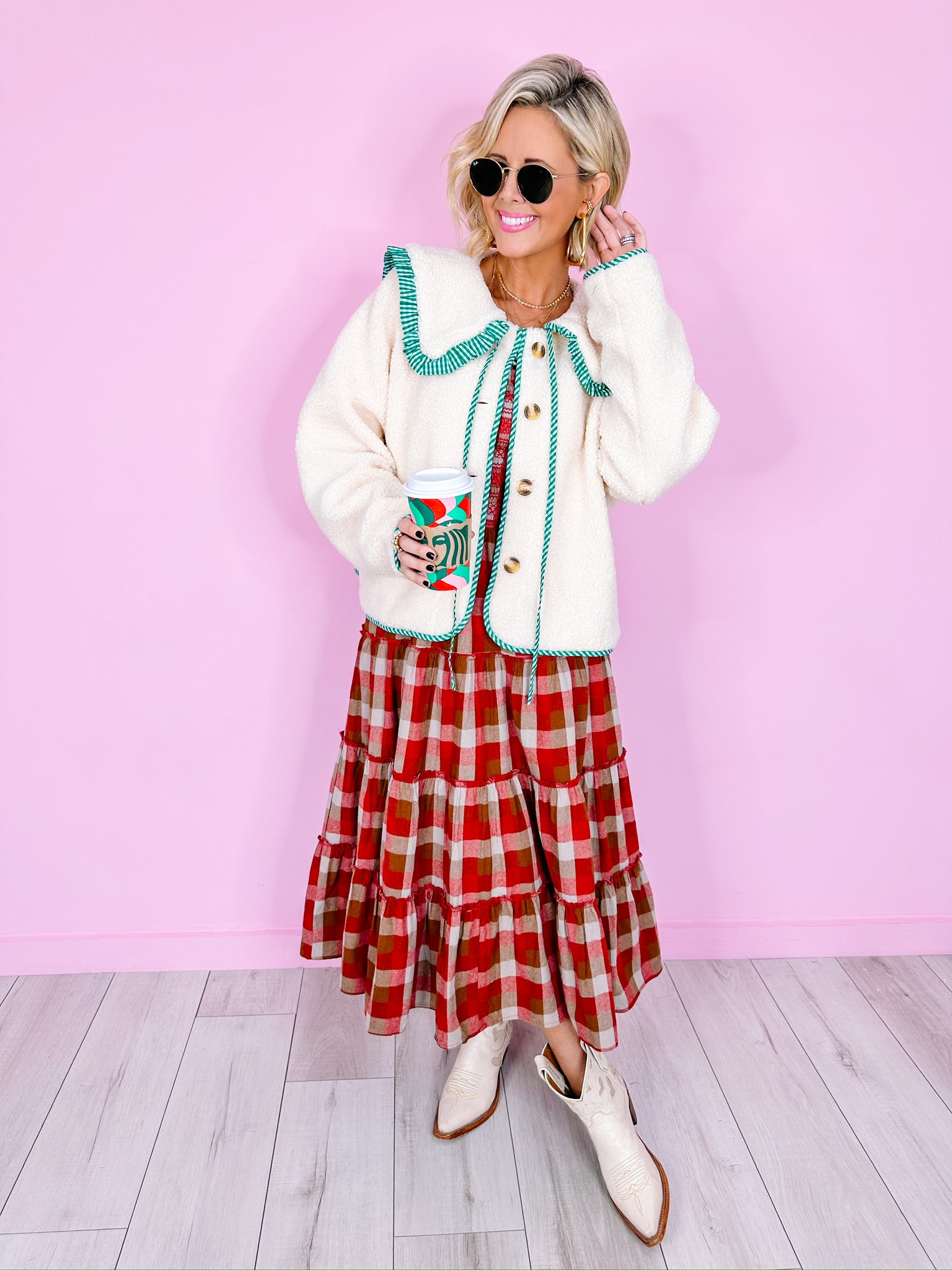 CUTE COZY GIRL GINGHAM TRIM JACKET - CREAM/GREEN