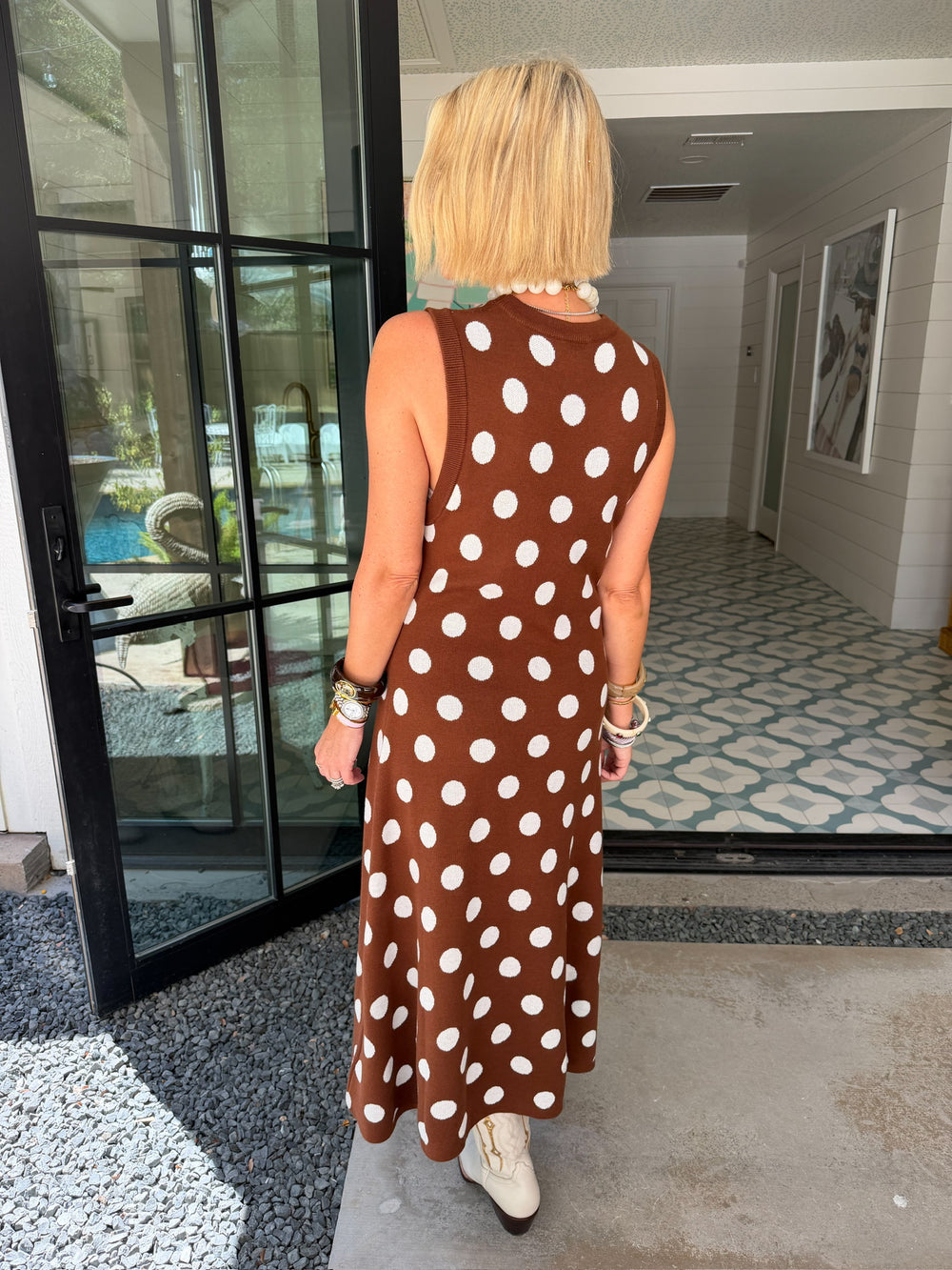 PUMPKIN POLKA DOT KNIT MIDI DRESS - BROWN