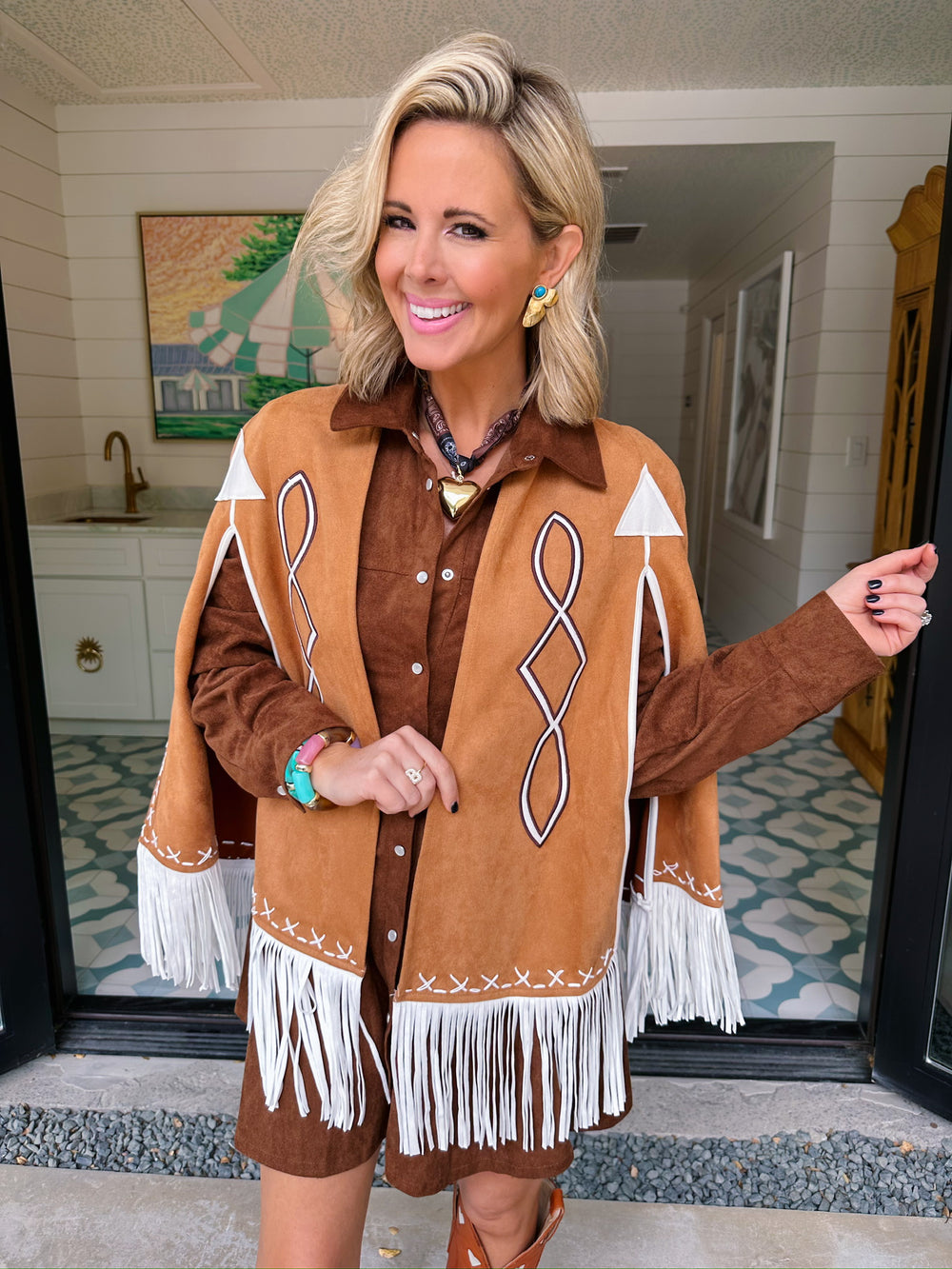 COWGIRL ON FRINGE CAPE - CAMEL