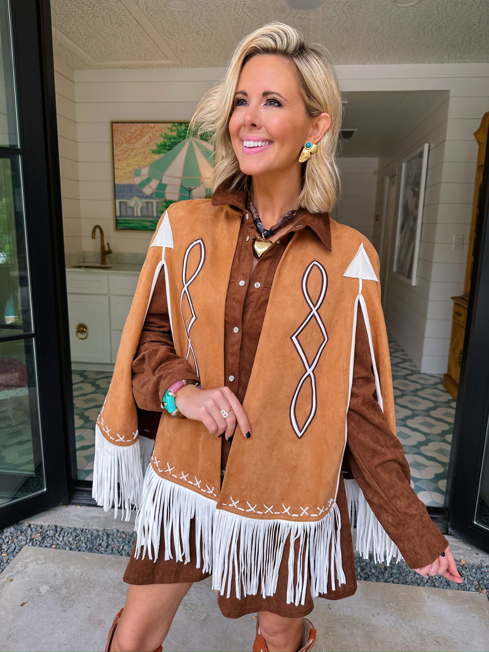 COWGIRL ON FRINGE CAPE - CAMEL