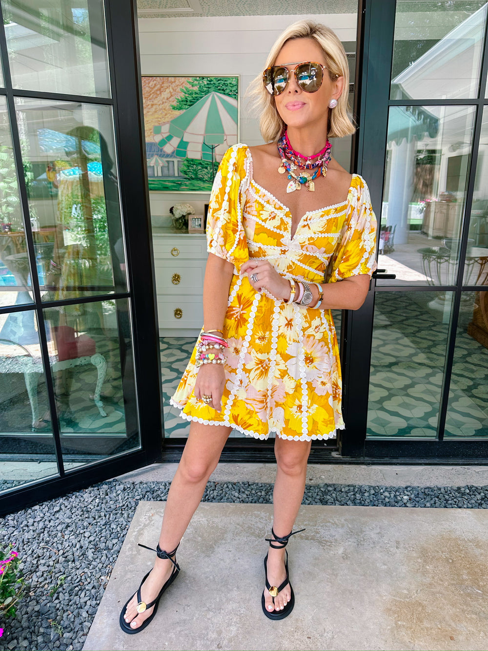 DAYDREAM FLORAL DOT TRIM DRESS - YELLOW