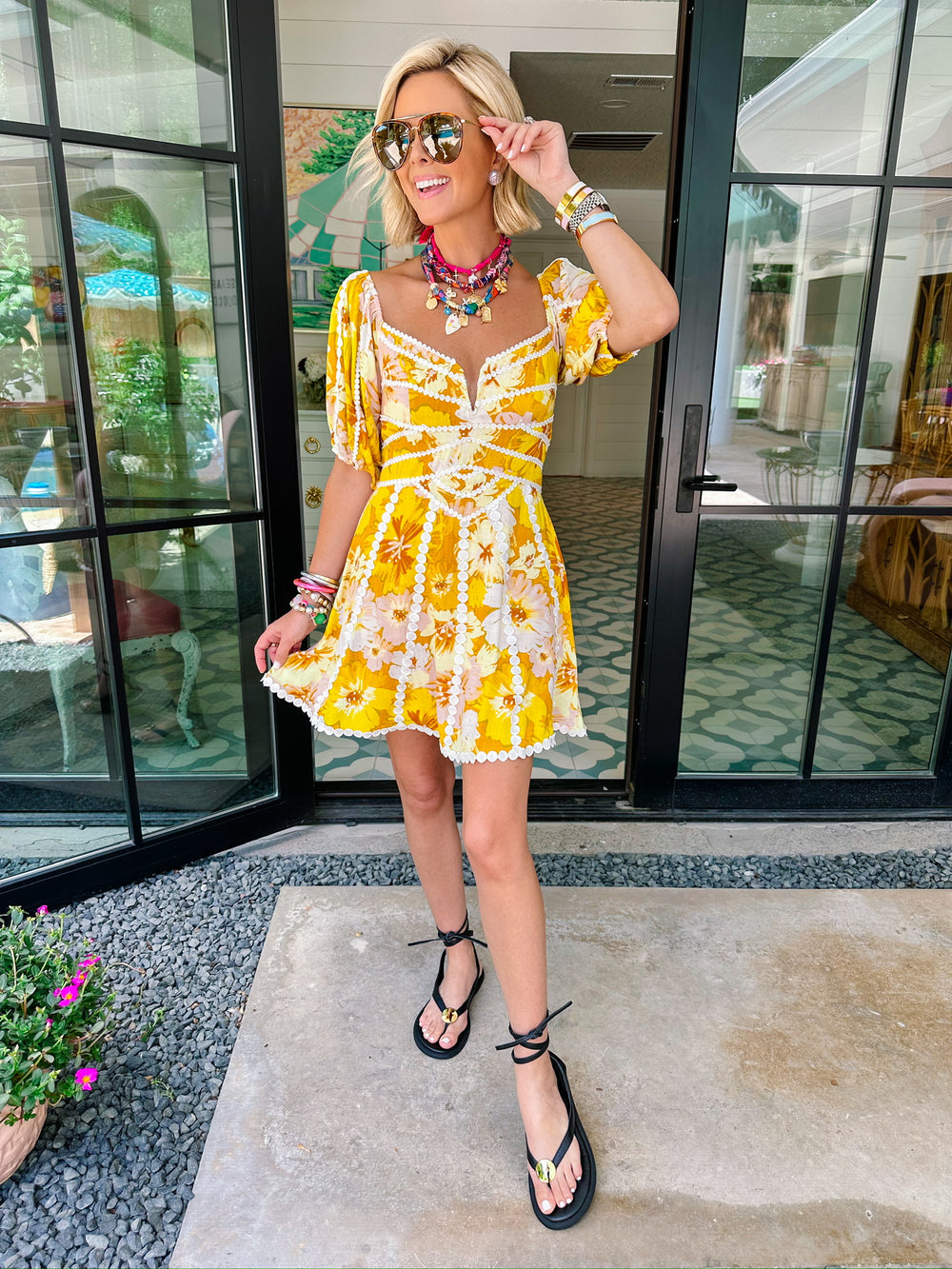 DAYDREAM FLORAL DOT TRIM DRESS - YELLOW