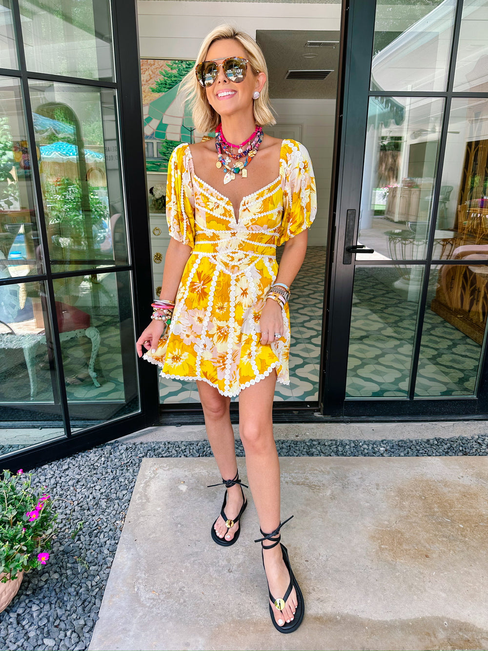 DAYDREAM FLORAL DOT TRIM DRESS - YELLOW