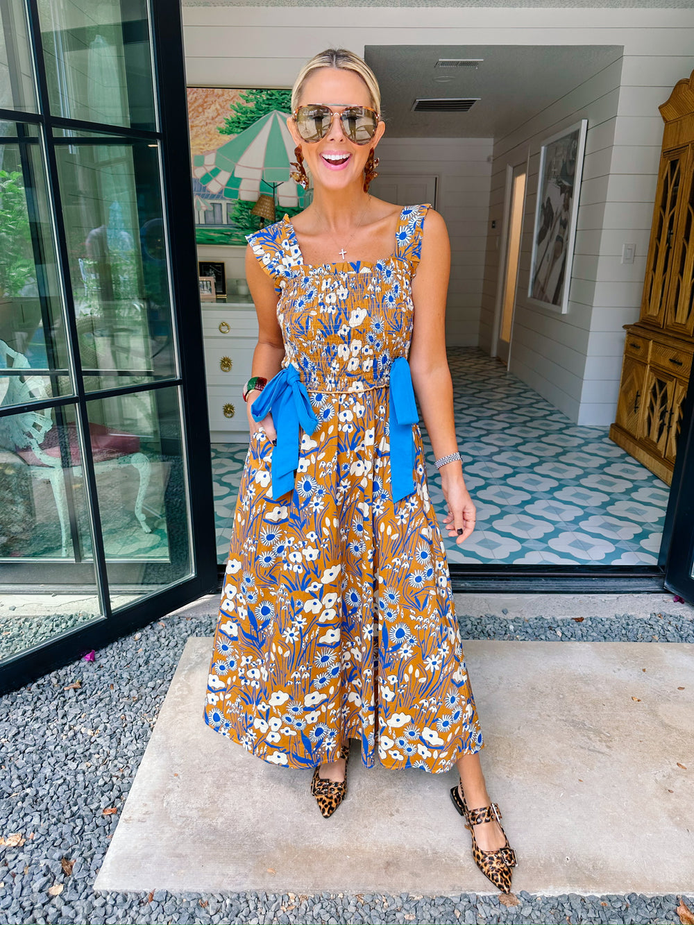 ELOISE FLORAL SMOCKED BOW MIDI DRESS - BROWN