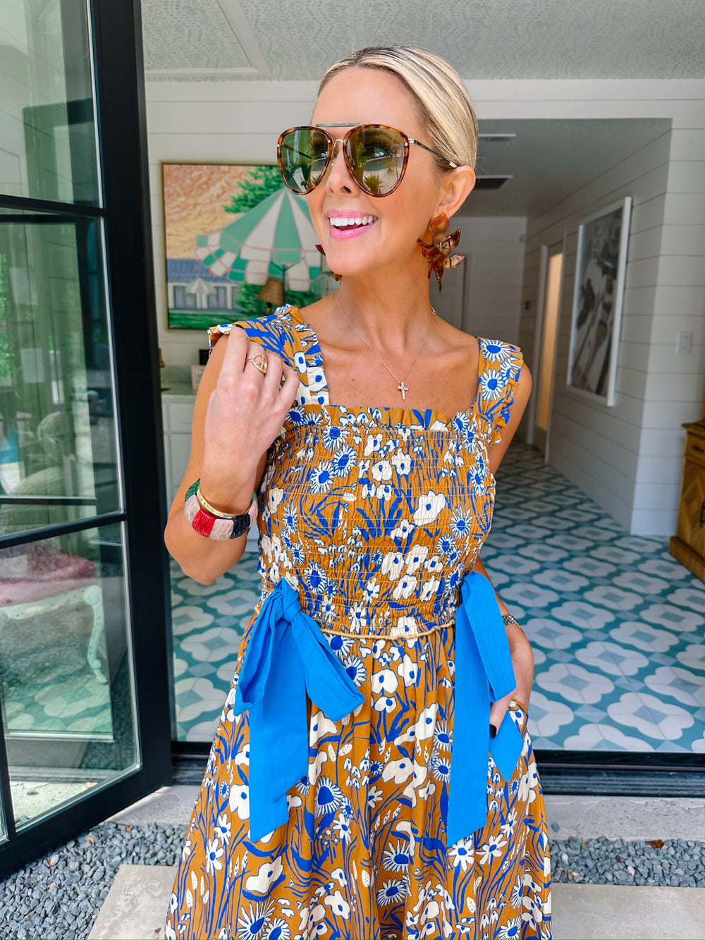 ELOISE FLORAL SMOCKED BOW MIDI DRESS - BROWN