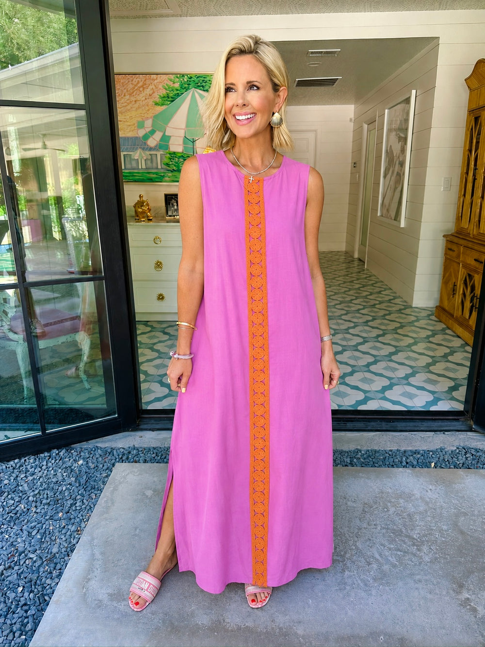 JOSEPHINE ROUND TRIM MAXI DRESS - PINK/ORANGE