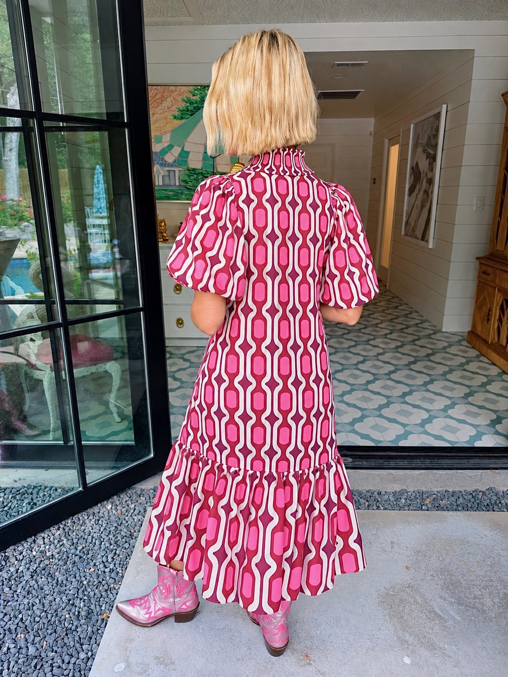 A LASTING CONNECTION GEOMETRIC CHAIN LINK MIDI DRESS - PINK