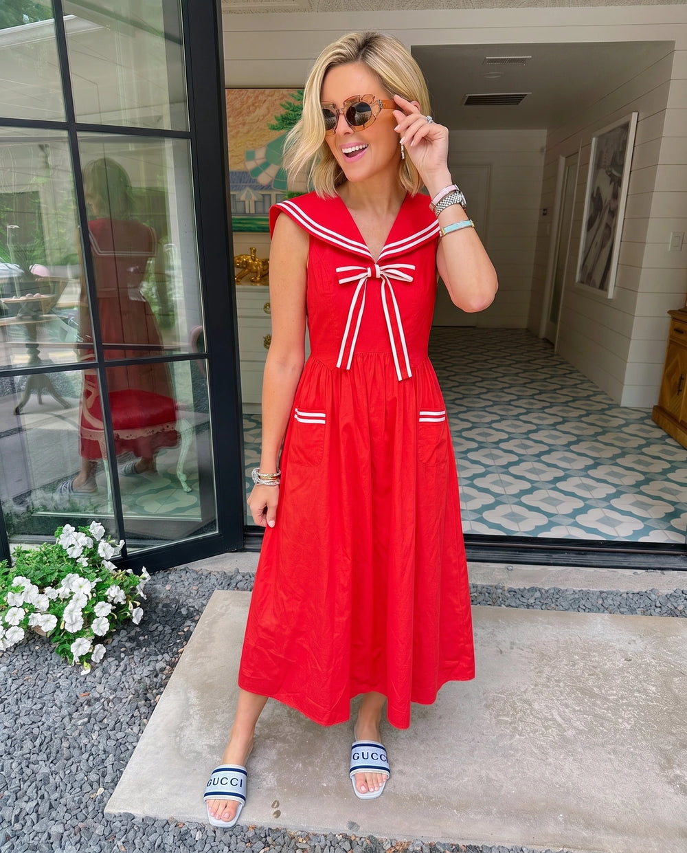 NEWPORT TIDE SAILOR COLLAR MIDI DRESS - RED