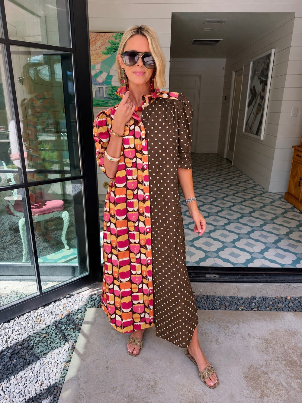 NINA PETAL GROOVE POLKA DOT MIDI SHIRT DRESS - BROWN