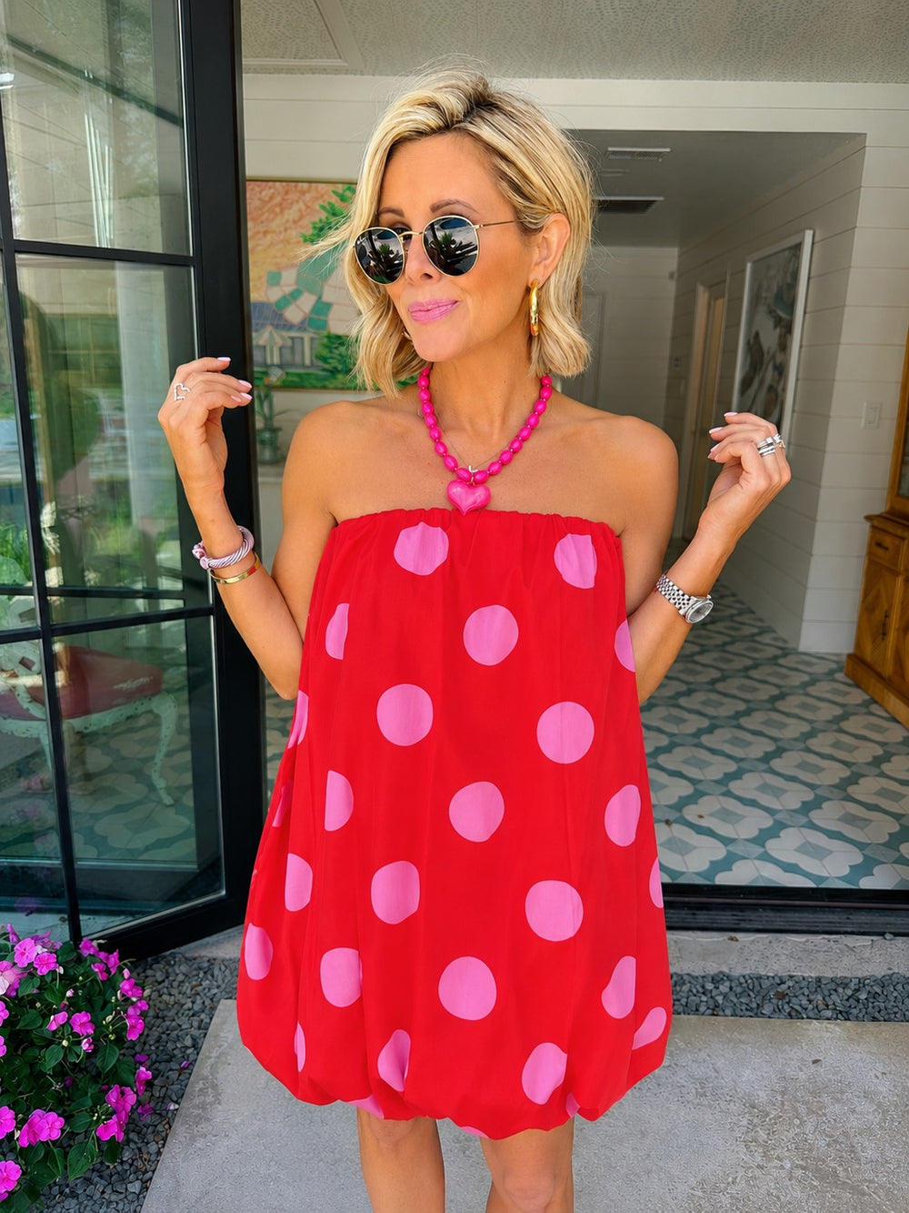 PEP IN YOUR STEP POLKA DOT BUBBLE DRESS - RED/PINK