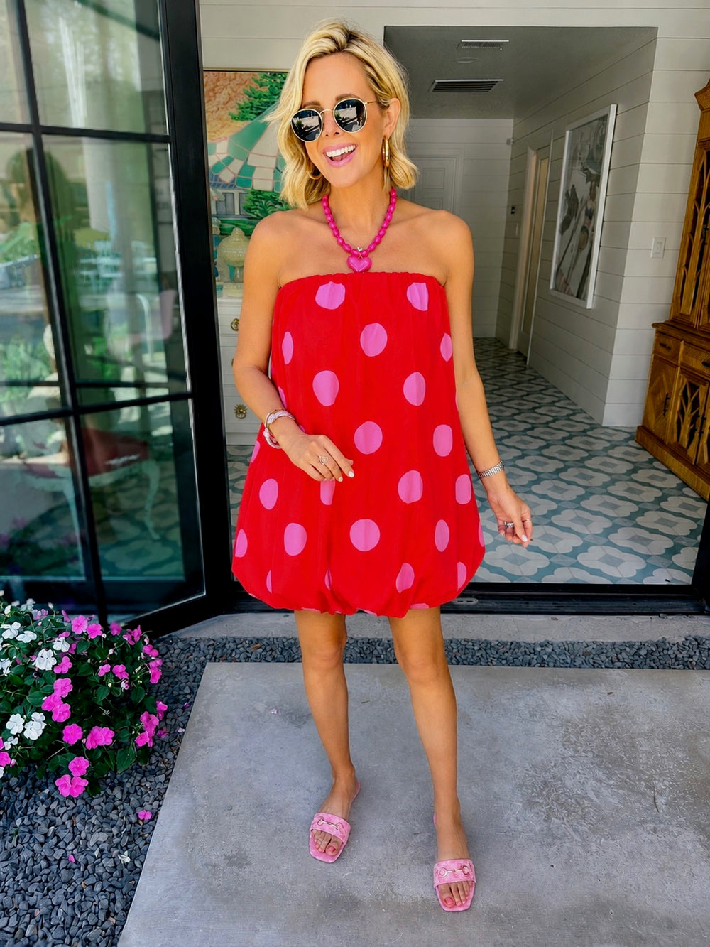 PEP IN YOUR STEP POLKA DOT BUBBLE DRESS - RED/PINK