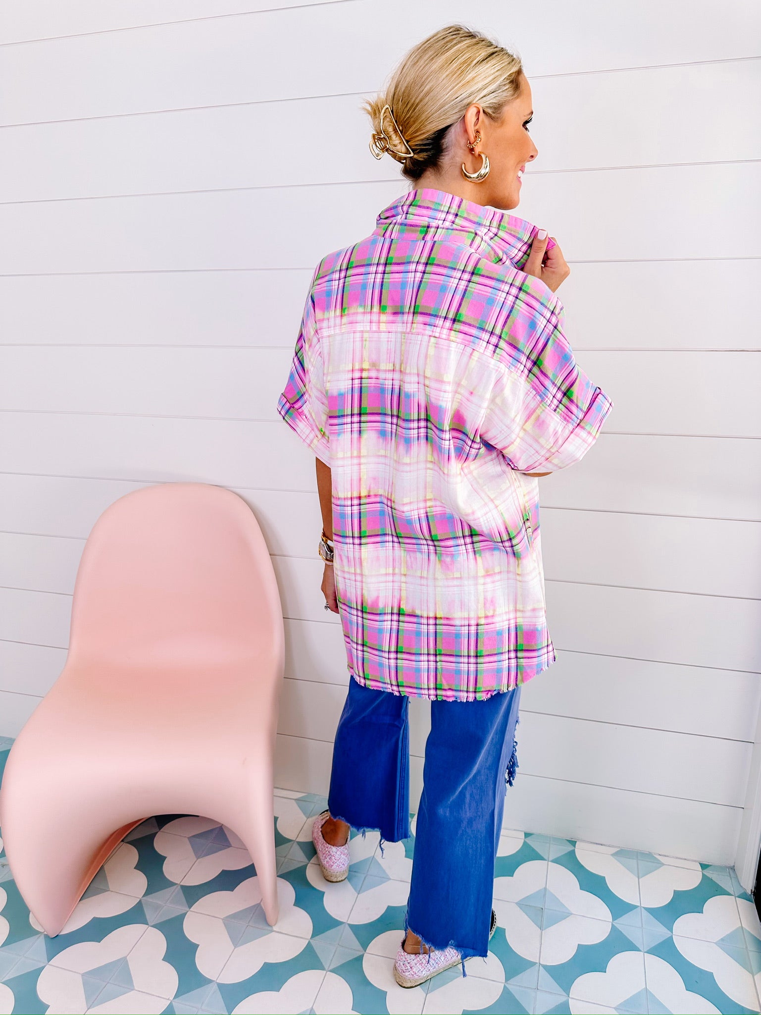 TIE DYE FOR PLAID BUTTON UP TOP - PINK