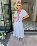 QUITE CHARMING STRIPE FRONT TIE MIDI DRESS - BLUE