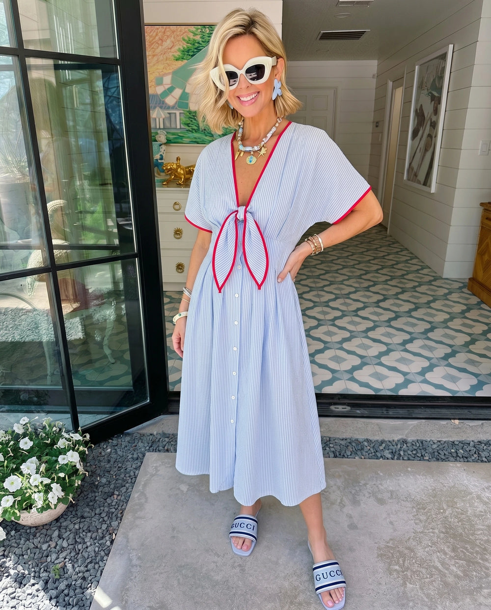QUITE CHARMING STRIPE FRONT TIE MIDI DRESS - BLUE