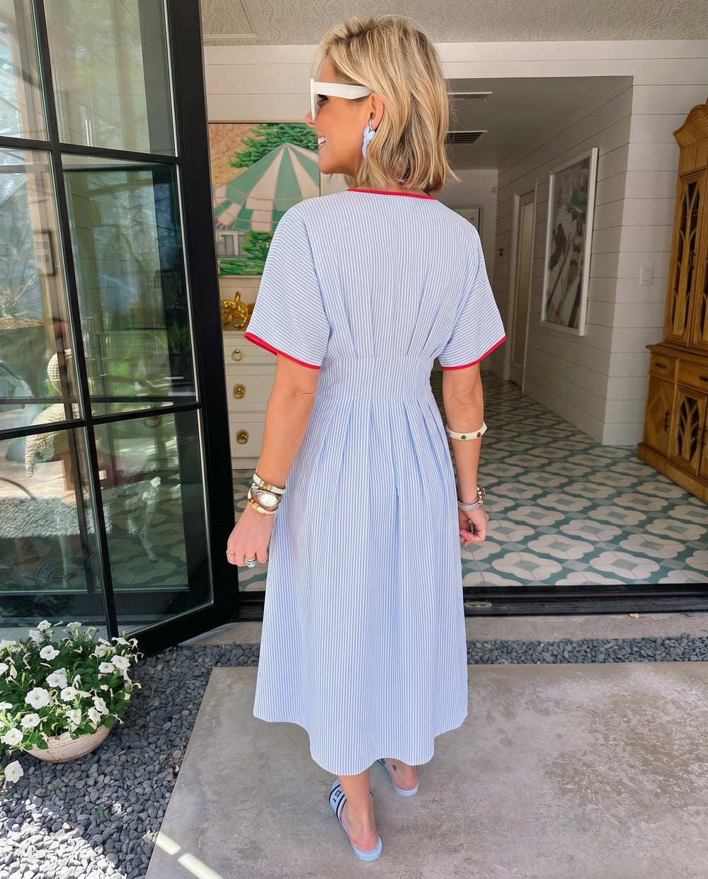 QUITE CHARMING STRIPE FRONT TIE MIDI DRESS - BLUE