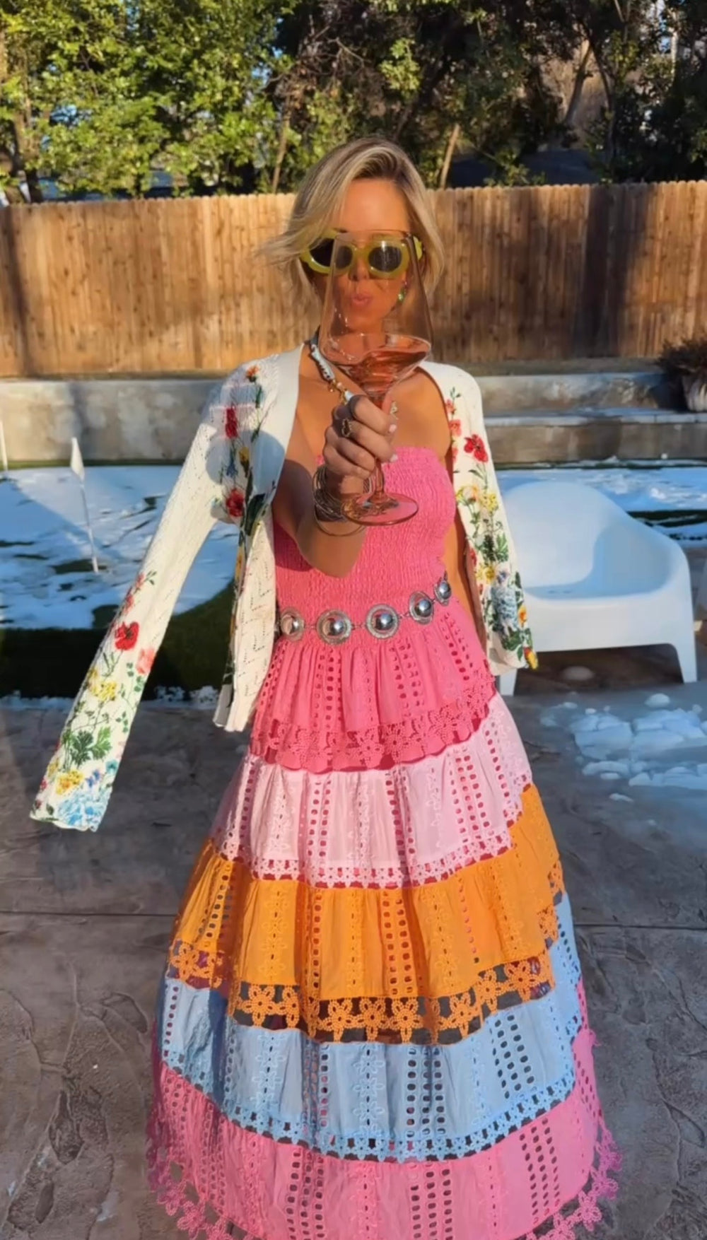 TIFFANY COLORBLOCK EYELET FLORAL STRAPLESS MIDI DRESS - PINK