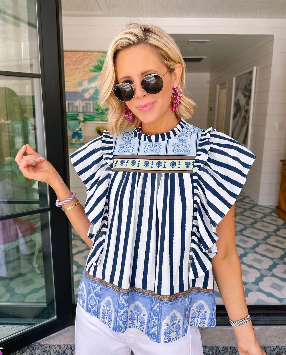 SERENITY STRIPE FLORAL BLOCK TOP - NAVY