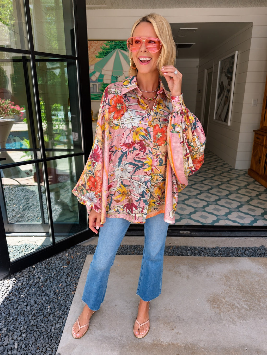 LILY GARDEN ROUND UP SILKY BUTTON UP TOP