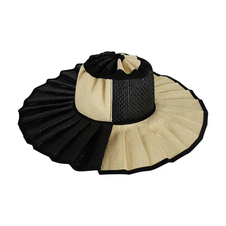 KATHY PLEATED STRAW SUN HAT - BLACK/NATURAL