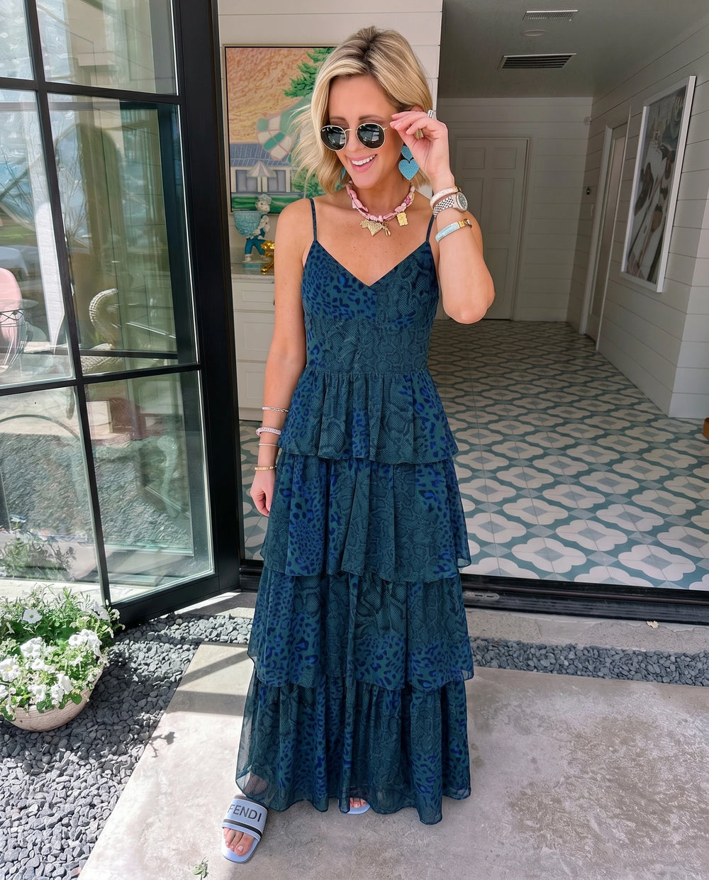SERPENTINE RUFFLE LEOPARD MAXI DRESS - GREEN