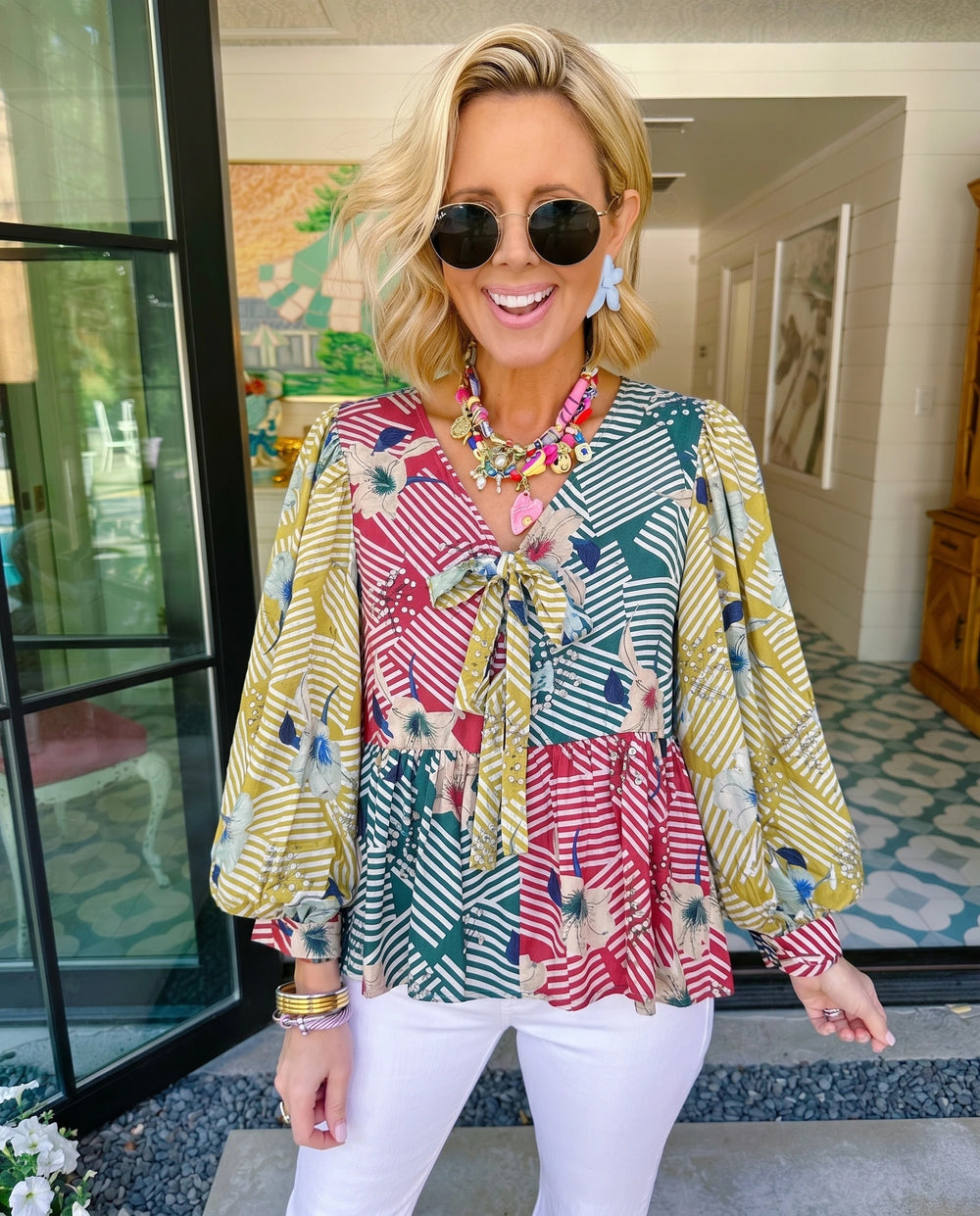 RIVIERA COLORBLOCK BLOOMS TIE UP PUFF SLEEVE TOP