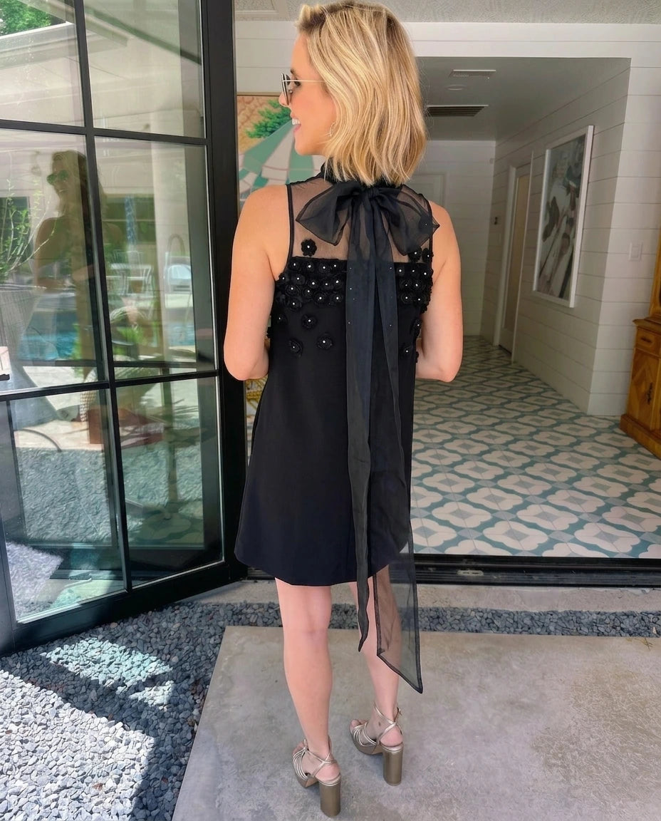 FANCY PEARL CHIFFON BOW DRESS - BLACK