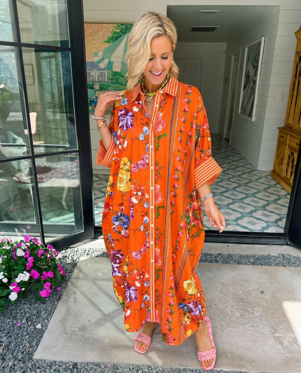 FIND THE BEAUTY WITHIN FLORAL BUTTON UP MIDI DRESS - ORANGE